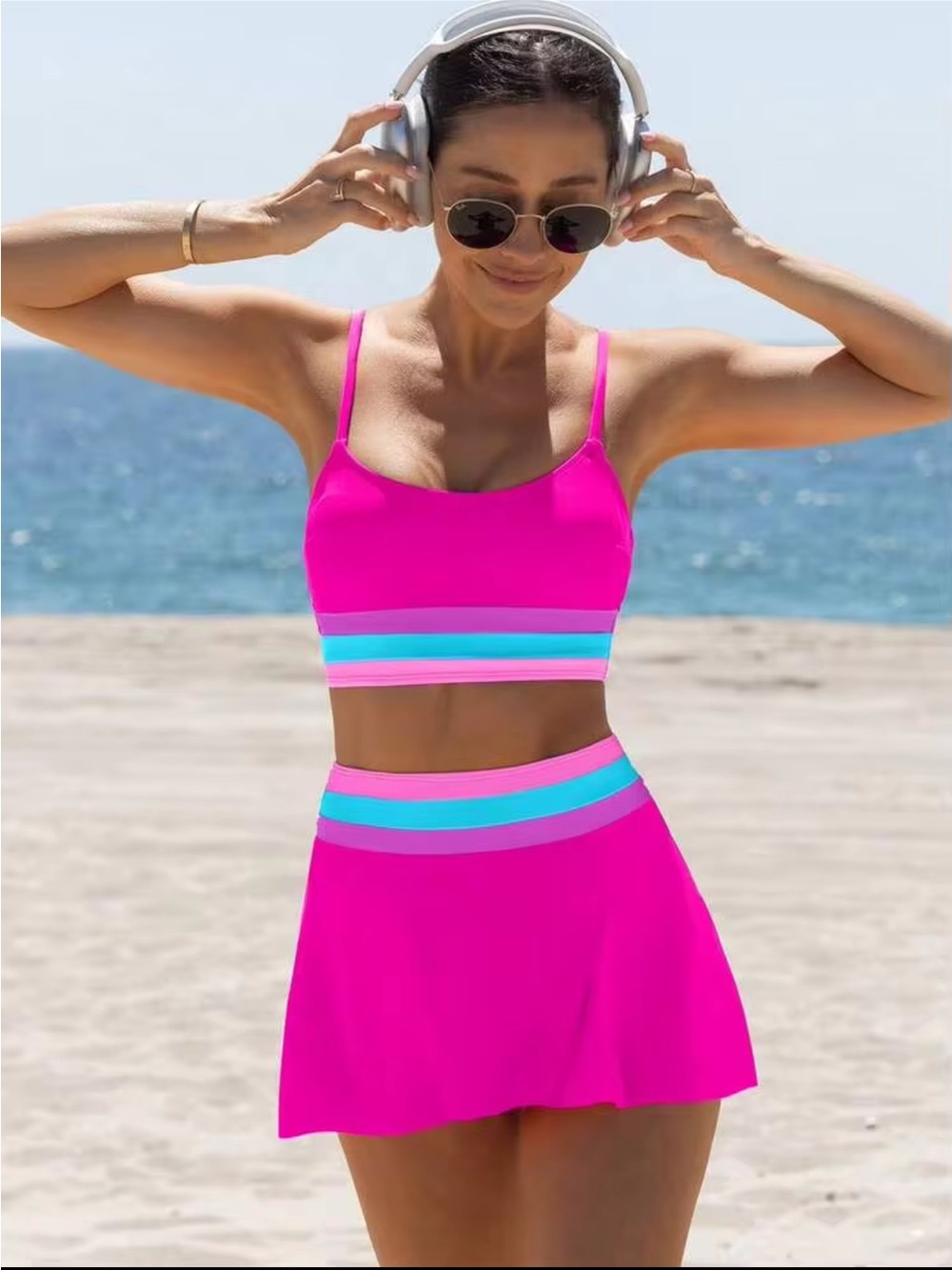 Hot Pink Striped Crop Bikini Top with Skirted Bottom
